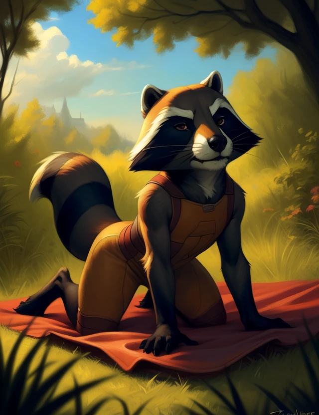 <lora:RocketRacGyYif:1> RocketRacGy, Racoon, Orange jumpsuit, Brown eyes, chibi, 
Looks at the viewer, (all fours, cowgirl position,)
[ large window, (nature), forest, grass, day shining, clouds, flowers, blanket, blue pillows, candles, bed, pillows, ]
(beautiful, aesthetic, perfect, delicate, intricate, saturated colors), masterpiece, digital drawing, best quality,
by taran fiddler, by cynicalstarr, by personalami,