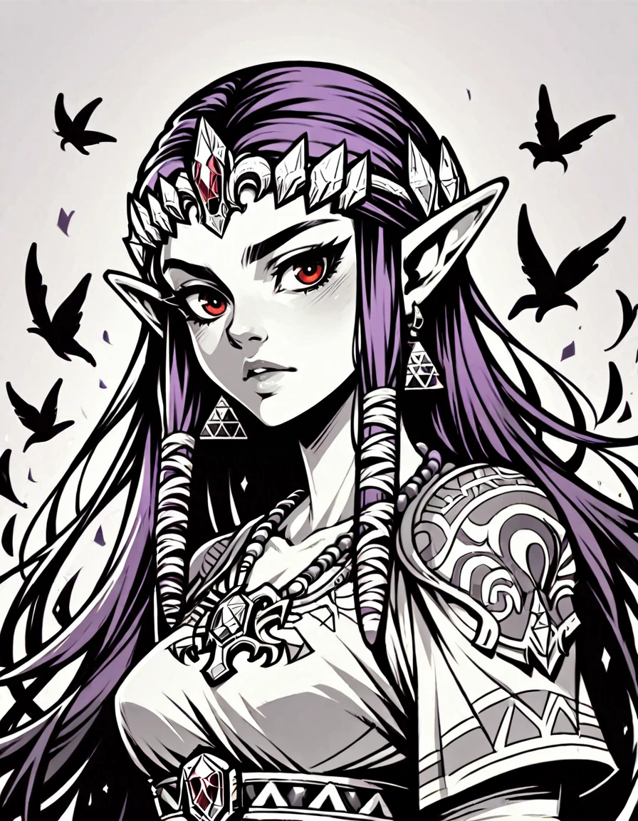 score_9, score_8_up, score_7_up, <lora:Clean Sketch (J) style:1> monochrome, 1girl, solo,  princess zelda, purple hair, red eyes,