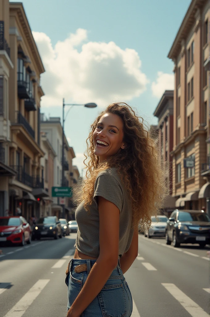 detailed, sharp outlines, contrast, wide angle lens captures the entire scen with cars and people, buldings, clouds, close view of awoman standing on a street, happy mood,  <lora:anti-bokeh_add_low:-0.4>