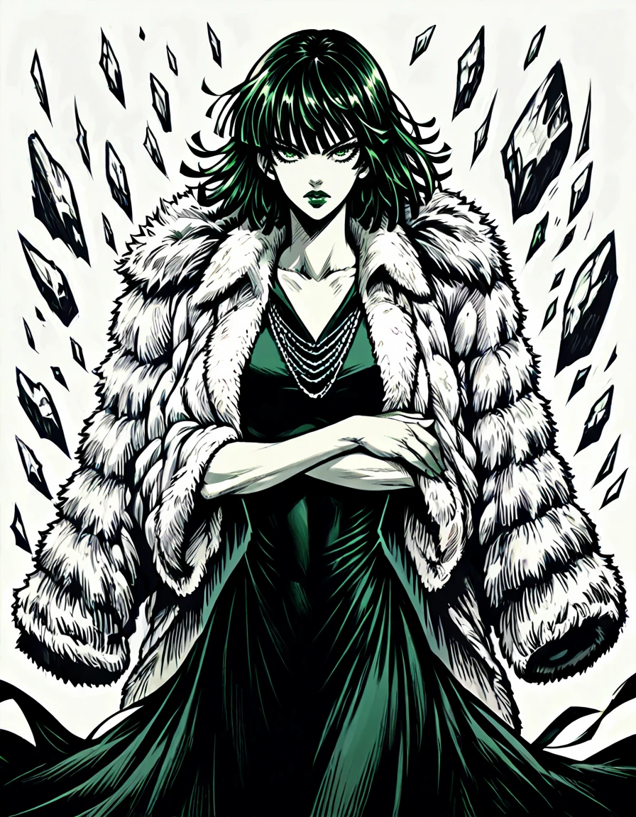 score_9, score_8_up, score_7_up,  <lora:Clean Sketch (J) style:1> monochrome, solo,  <lora:EPopmFubukiPony-04:1> epopmfubuki, arms crossed, dress, fur coat, green eyes, looking at viewer, green lips,