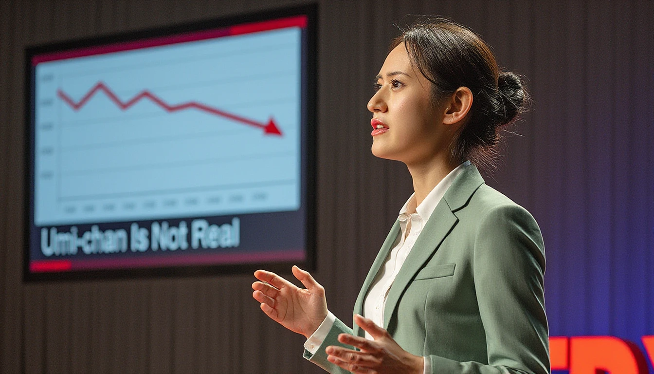 A portrait of charismatic young female Um1-chan giving a talk on a TEDx stage. "Umi-chan Is Not Real" and a downward sloping line chart is displayed on the LCD display behind Um1-chan. Um1-chan is emphasising a point by gesturing. Um1-chan is dressed in an tailored pale green business suit.