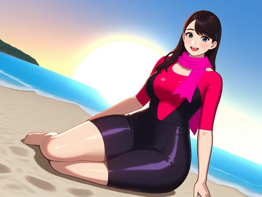 source_anime, masterpiece, 4K, 1girl, qantas<lora:Flight_Attendant_QF_PonyXL:1> , dark skirt, pink scarf, beach, sunny , sea, sand, sun, by nilsunna, looking at viewer, happy, dutch angle, curvy, (long hair), (thick thighs), ((tight breasts))