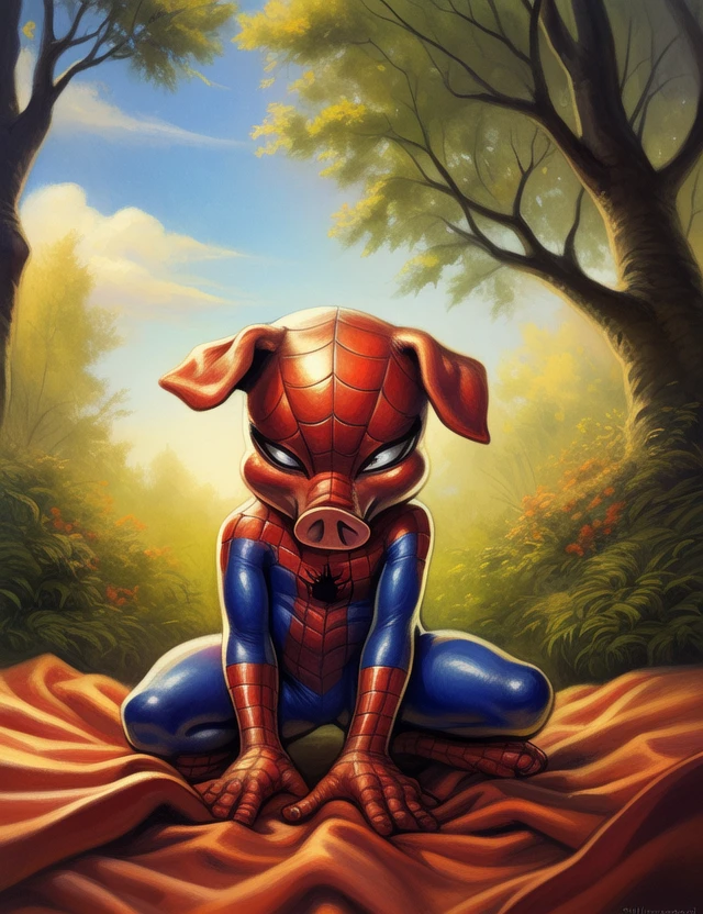 <lora:SpiderHamYif:1> SpiderHam, chibi,  male,  (pig taill,)
Looks at the viewer, tight clothing, (all fours, cowgirl position,)
[ large window, (nature), forest, grass, day shining, clouds, flowers, blanket, blue pillows, candles, bed, pillows, ]
(beautiful, aesthetic, perfect, delicate, intricate, saturated colors), masterpiece, digital drawing, best quality,
[by kenket|by totesfleisch8], by thebigslick:by silverfox5213:0.8], [by syuro, by paloma-paloma::0.2, (Tricksta, TotesFleisch8)