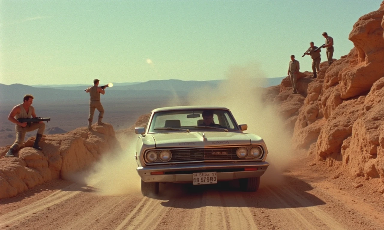 cherry2k, 80s b-movie, a rusty old car driving through the desert, men standing on a cliff wearing dirty overalls holding rocket launchers are firing at the car