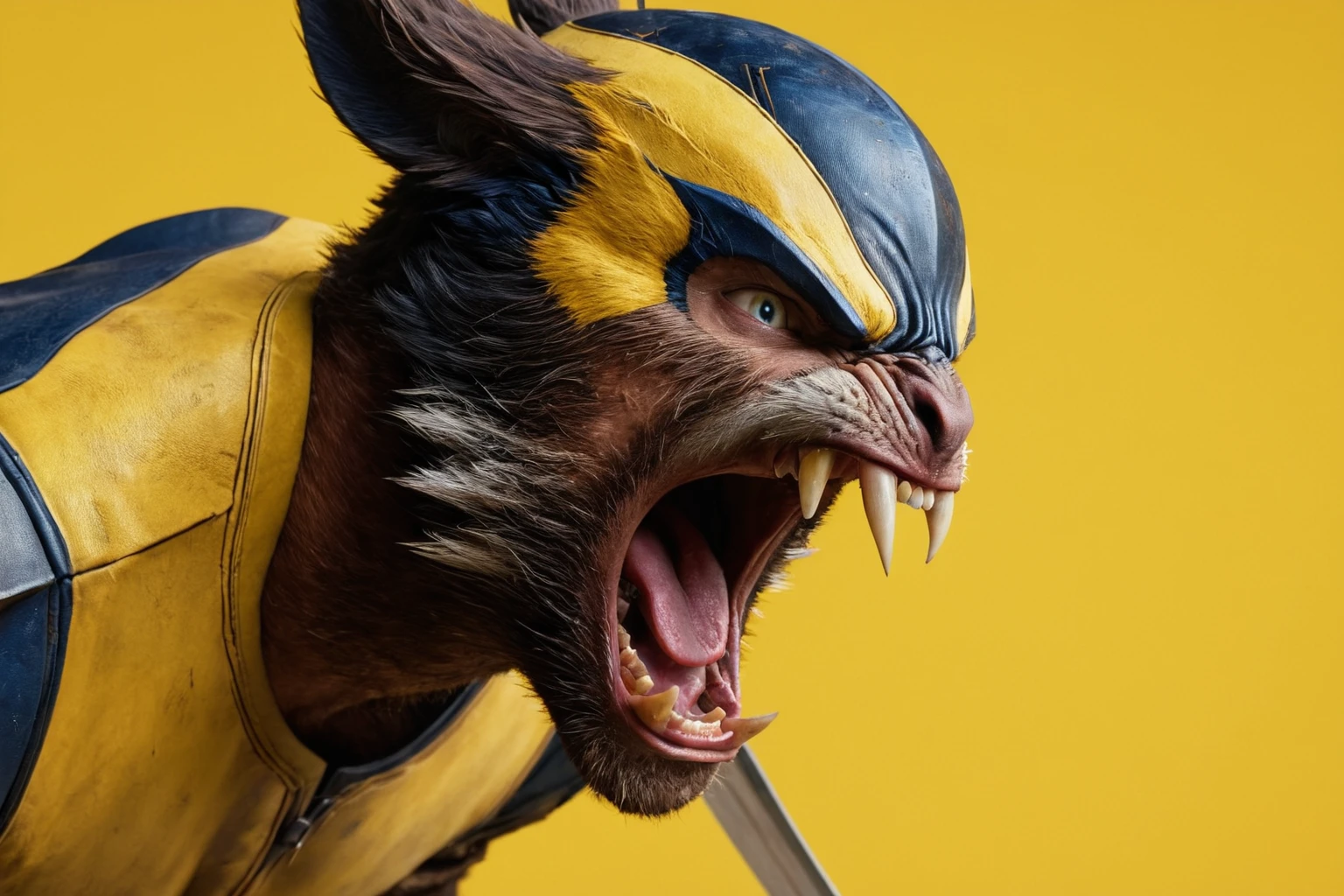 Hyperrealistic art of <lora:facial expression style v3:1>
angry facial expression of a close up of a angry wolverine with a yellow background, themed, sharp, detailed skin, epic cinematic photography, artistic, creative, wrinkly face, dramatic lighting style, cinematic color style, Kodak film style, skin pore, emotional style, gustier style, facial expression style, angry facial style, solo, open mouth, blue eyes, simple background, teeth, no humans, bird, yellow background, claws, monster, digimon (creature), beak, 1boy, male focus, weapon, sword, mask, fangs, sharp teeth, portrait
, Extremely high-resolution details, photographic, realism pushed to extreme, fine texture, incredibly lifelike