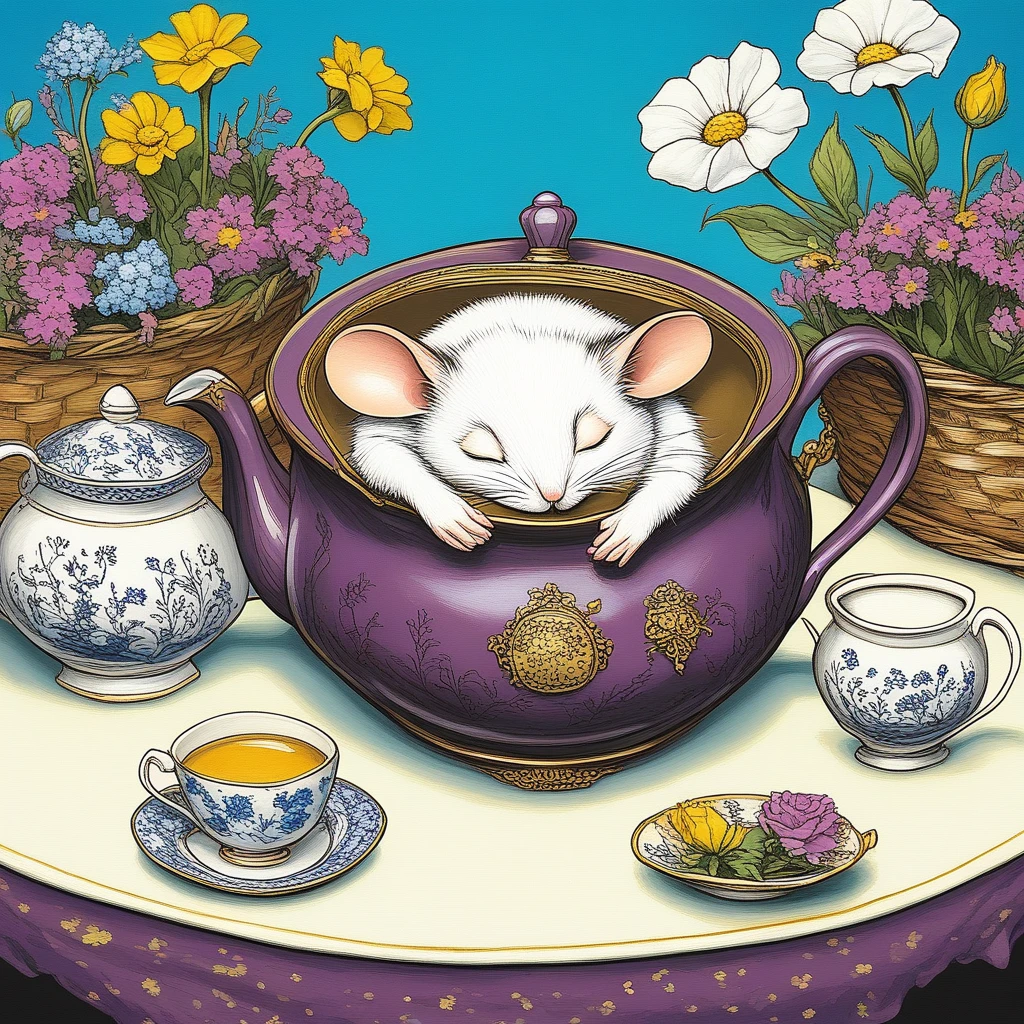 ArsMJStyle, Wonderland, The image shows a painting of a mouse sleeping in a teapot surrounded by a basket of flowers a plate and a teacup on a table. The mouse is white and black in color and the background is a mix of blue and white., no humans, flower, mouse, closed eyes, animal, cup, sleeping, white flower, plant, teacup, teapot, cat, animal focus, purple flower