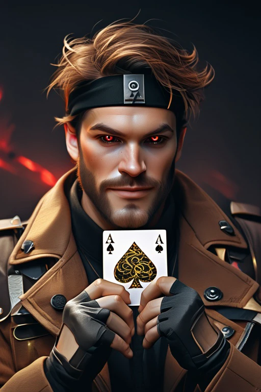 ComiDusk, tarot card, trading card style, 1boy, male_focus, auburn hair, cajun, black sclera red iris, gambit, remy lebeau, looking at camera, art by artgerm, in the style of salvador lacrocca, ComiDusk