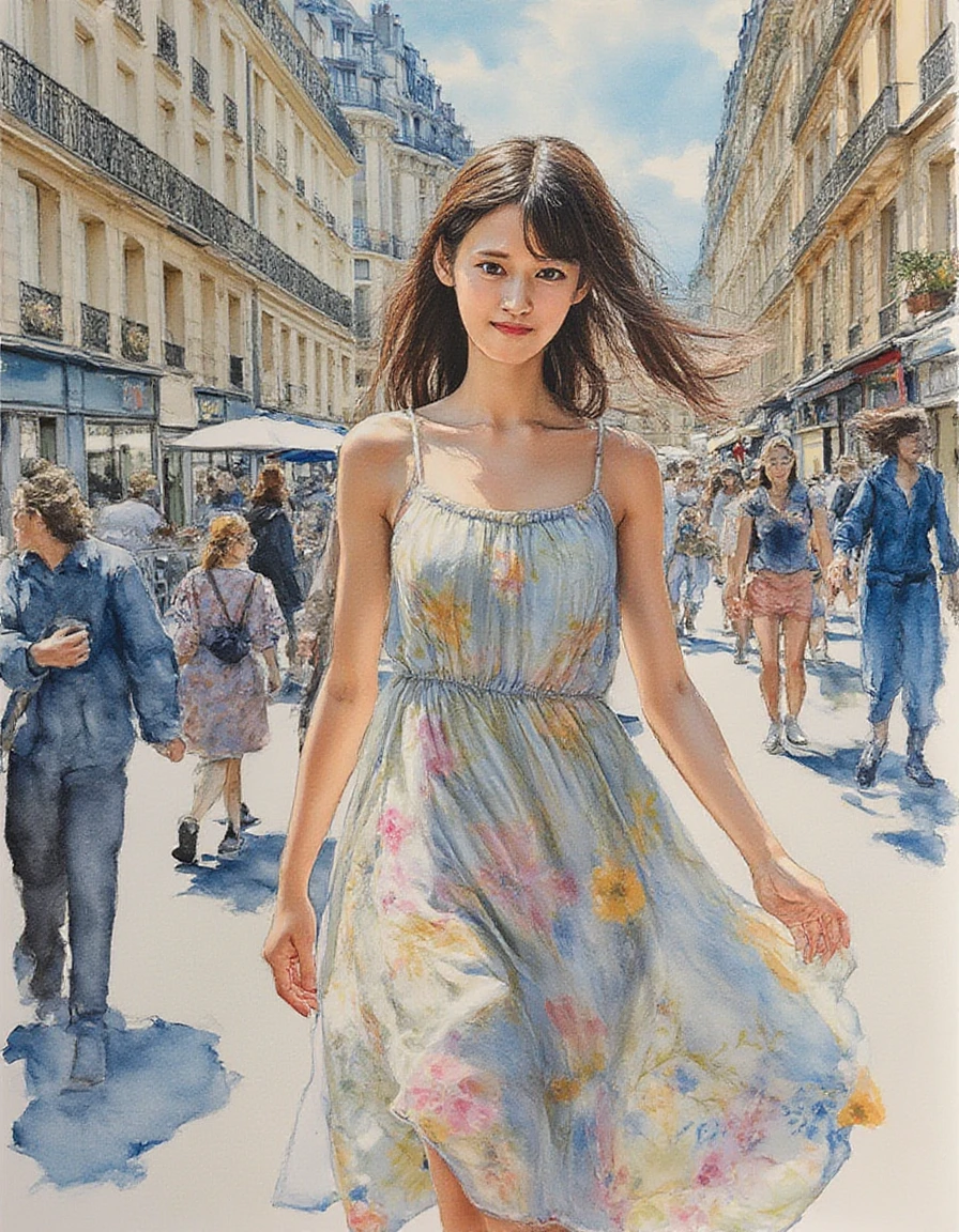 A head and shoulders watercolor painting of Um1-chan on a Paris street. Um1-chan is wearing a light summer dress billowing in the breeze. Um1-chan's dress has a floral pattern. Um1-chan has a placid expression.