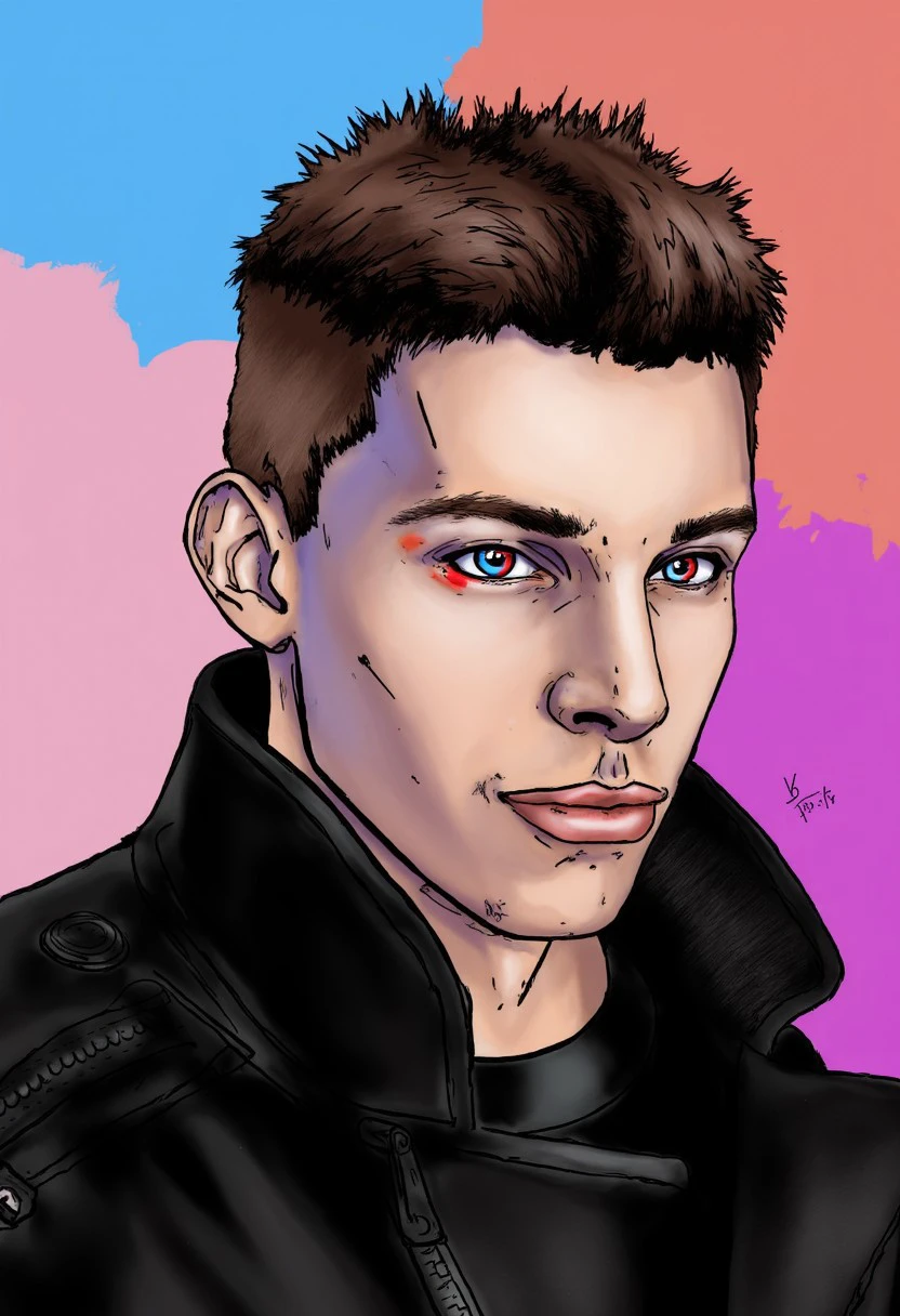 a comic book illustration from Duskfallcrew Art Style, a nonbinary transgender male with blue and red heterochromia eyes, black leather jacket, portrait, illustration style