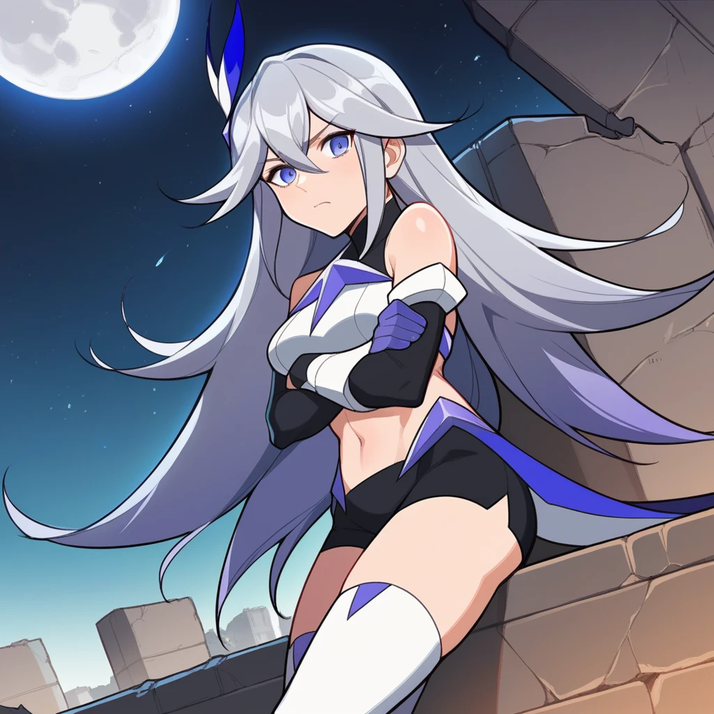 score_9_up, score_8_up, masterpiece, best quality, 1girl, solo, Bella, Bel_Def, moon surface, ruins, dust, starry sky, lying on stone, looking at you, from side, cute angry pouting, crossed arms, slight blush, bend knee, thigh boots, grey hair, hair between eyes, hair ornament, long hair, white armor, purple armor, breastplate, black turtle neck, detached sleeves, black sleeves, white gauntlet, purple finger gloves, white gloves, midriff, navel, short shorts, black shorts, white thighhighs, two-tone skirt, mature body, dynamic cowboy shot, outdoors, space background