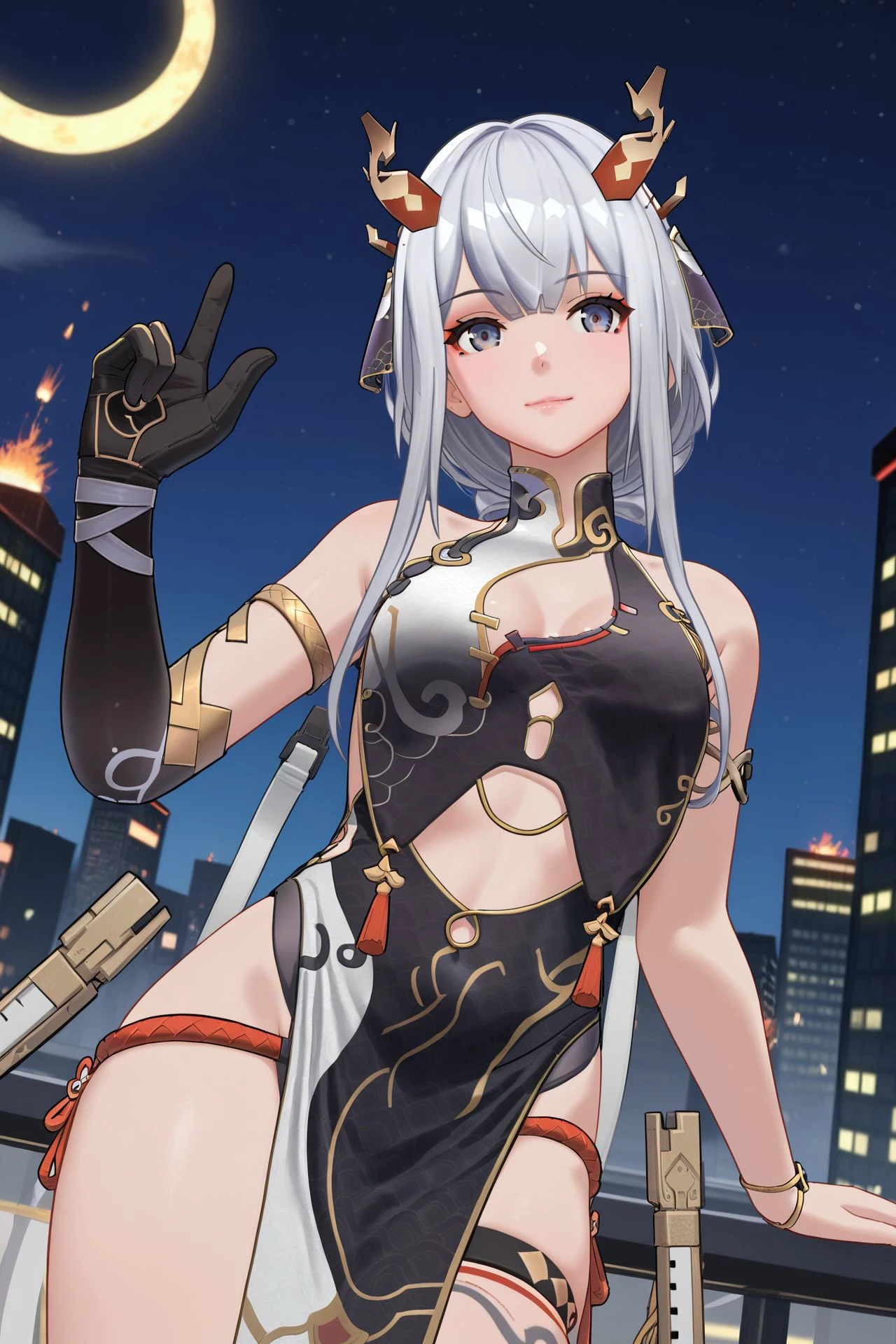 1girl, solo, looking to the side, cheeky_smile, <lora:sb-Chenxing-EtherealCloud-InkstrokeDragoness_PonyXL_cha_v01:0.7> sb-chengxing-ecid, dress, gloves, pelvic curtain, thigh strap, horns, armlet, tail, makeup