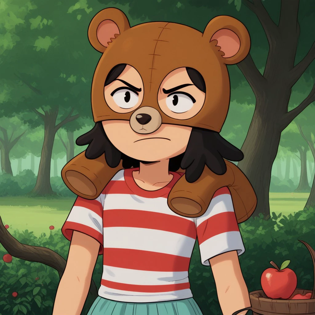 score_8, score_9, break, solo, wildernessa_cotc, bear mask, striped shirt, tree, apple,