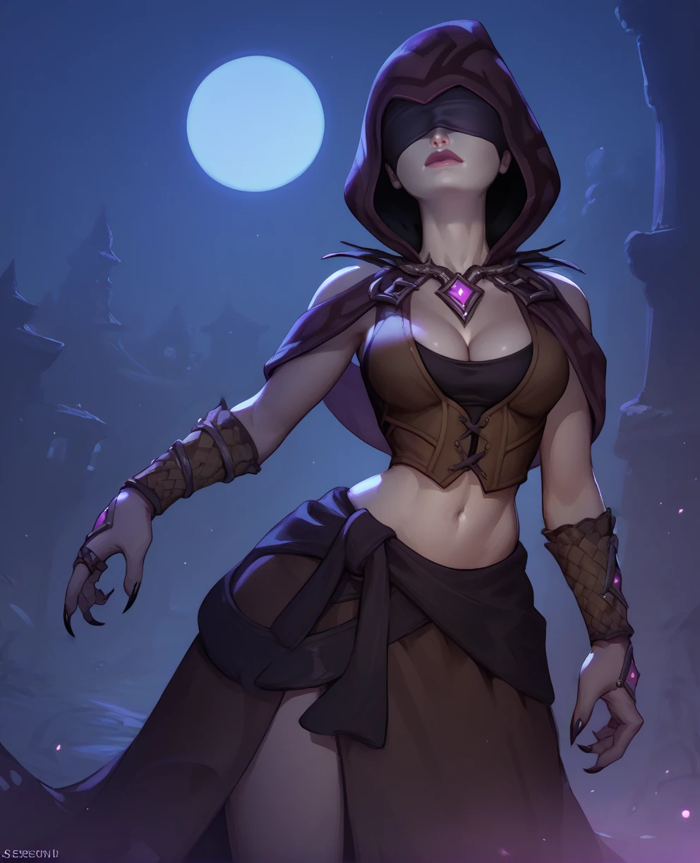 score_9,score_8_up,score_7_up,score_6_up,serisxl,
blindfold,hood,jewelry,midriff,cleavage,small brown vest,black shirt,cleavage,skirt,bracer,fingernails, 
underworld,purple lighting,night,
<lora:SerisXL:0.9>,