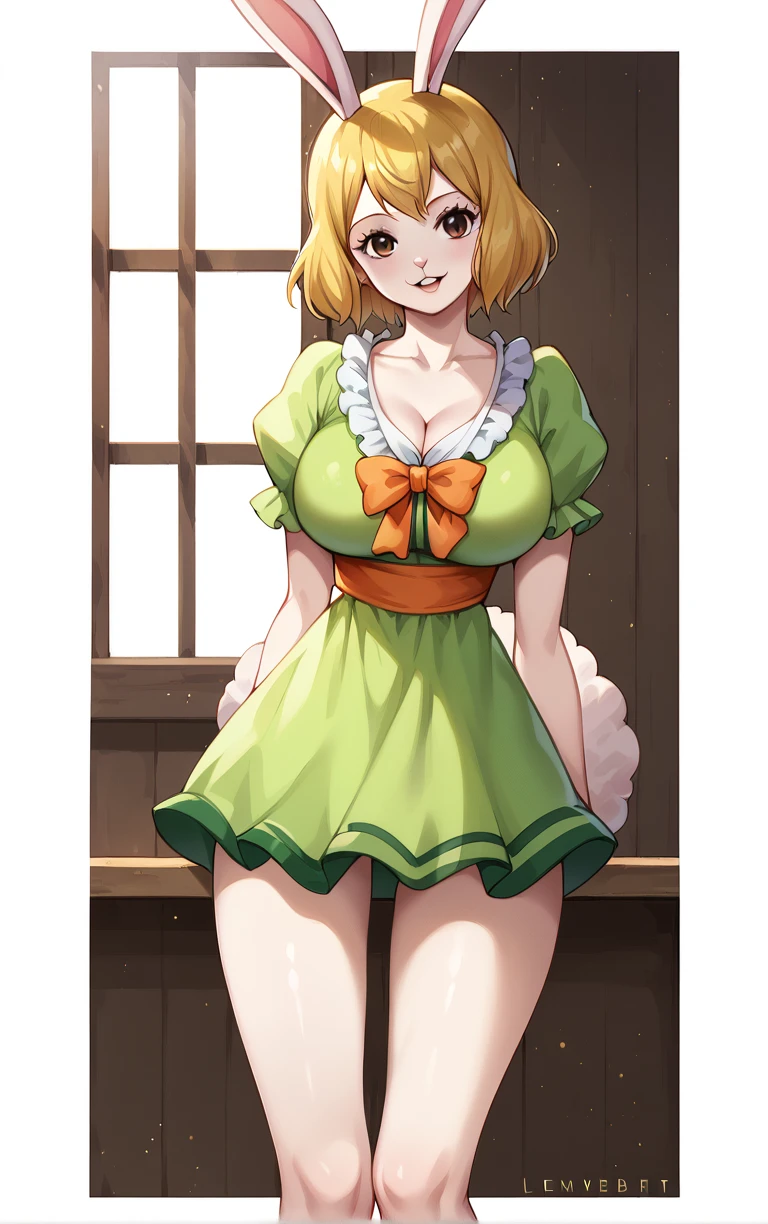 score_9, score_8_up, score_7_up, BREAK
GreenDress_Carrot_ownwaifu, 
1girl, blonde hair, rabbit girl, short hair, furry female, rabbit tail, animal ears, brown eyes, rabbit ears, buck teeth, large breasts, animal nose, body fur, white fur, collarbone, bare legs, colored skin,  
dress, green dress, short sleeves, puffy sleeves, bow, cleavage, puffy short sleeves, frills, green shirt, short dress,
(portrait, head tilt, looking at viewer), white border, bokeh, <lora:PONYXL_ONEPIECE_Carrot_ownwaifu:0.8>, solo,