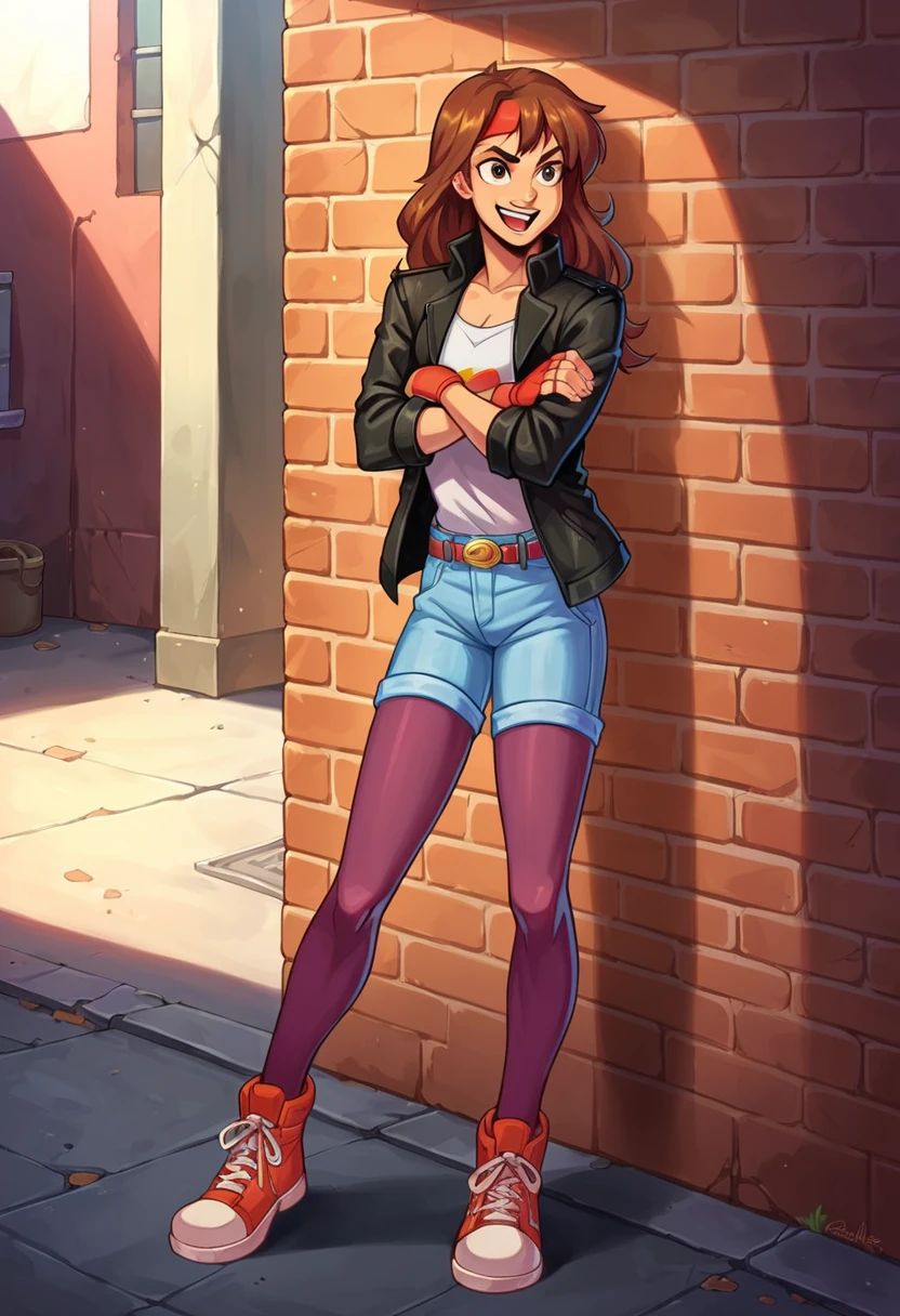 PonyXLV6_Scores,1girl,clairefv,standing,crossed arms,happy,:d, <lora:ClaireFV:0.8>,long hair,brown hair,headband,black jacket,shirt,fingerless gloves,denim,shorts,pantyhose,shoes,full body,outdoors,alley,solo:1.2