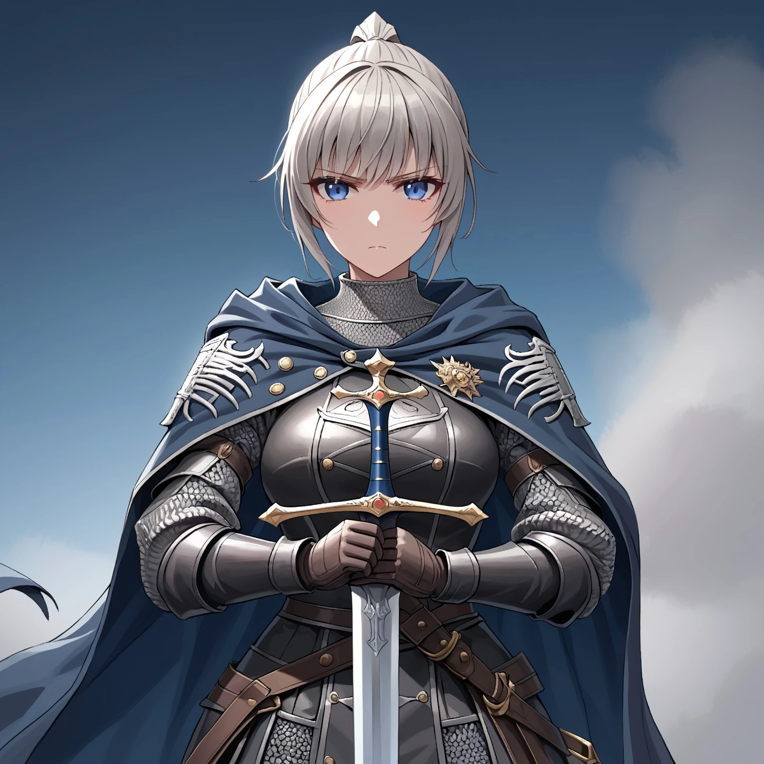 safe_pos, safe_pos, High quality, Masterpiece, Solo, girl, short_ponytail, Gray blonde hair, blue eyes, breast, deep blue colored cape, Surcoat over chainmail,  holding sword, sword, leather glove, long sword, standoff in battle, look at viewer