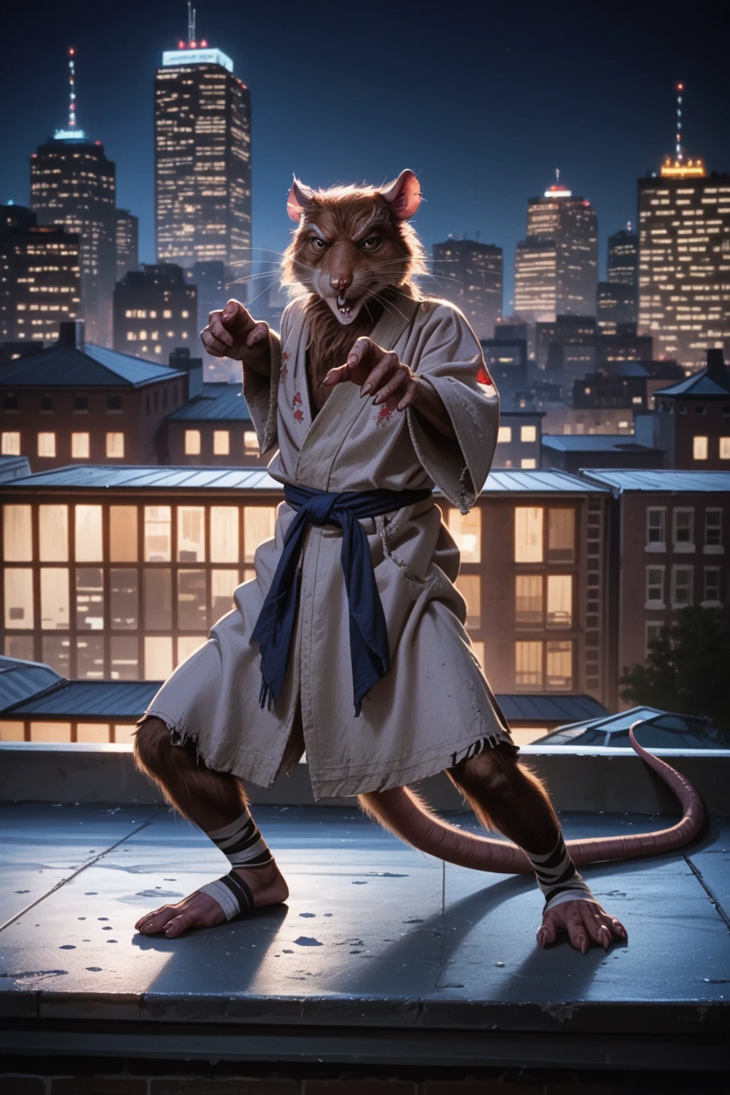 score_9, score_8_up, score_7_up, ((source_IRL, source_movie)), source_furry, masterpiece, high quality, ((full body shot, front view))
a furry TMNTSplinter Anthro Rat wearing a tan kimono, ((tail showing, anthro rat rodent tail)), solo, <lora:TMNT_Splinter_Pony:1>
(standing, fight stance)
((on a city rooftop, at night)), dark sky, city lights, skyscrapers in background
dynamic lighting, shadows, cinematic