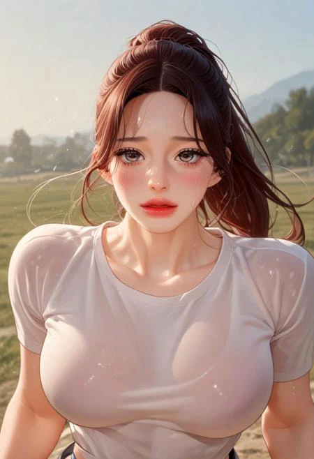 score_9, score_8_up, score_7_up, score_6_up, 1girl, Aunthwa, black long hair, ponytail, gym shirt, gym short, running in the middle of the field, under the hot sun, sweating, Cowboys shot, look at viewer