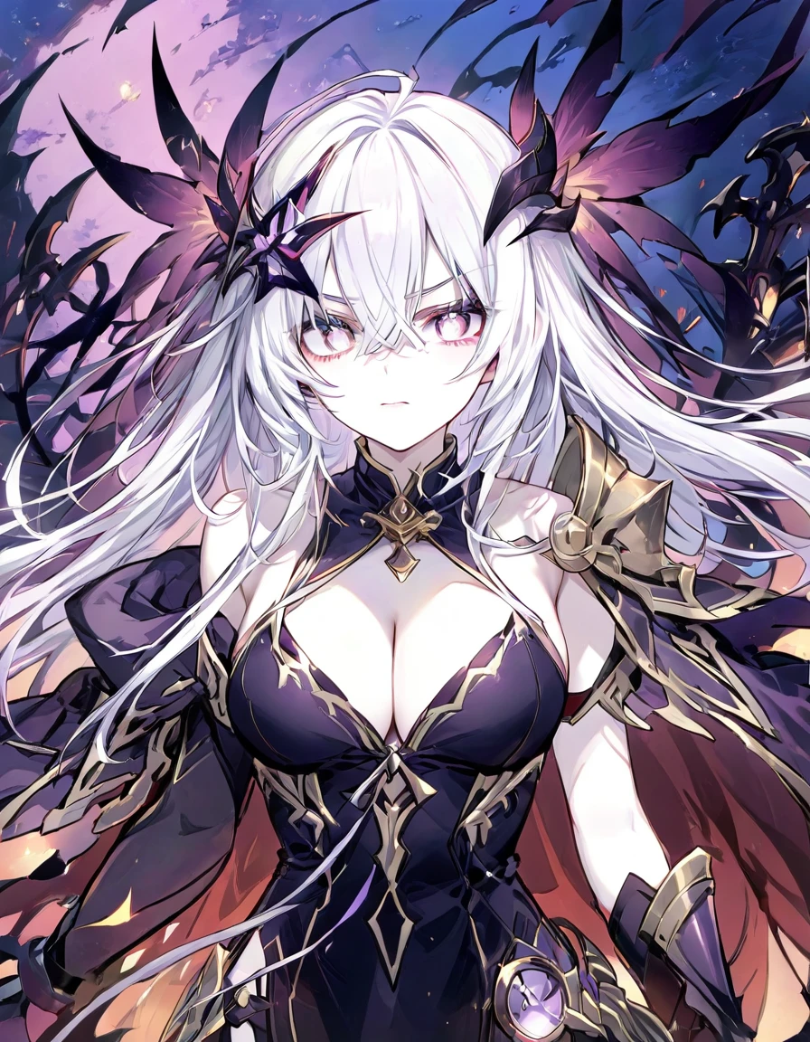 1girl, white hair, intense view, white eyes, piercing gaze, cape, floating hair, torn clothes, armor, hairpin, destroyed place, chaos, destruction, looking front, intimidating, dramatic, pov, close-up,