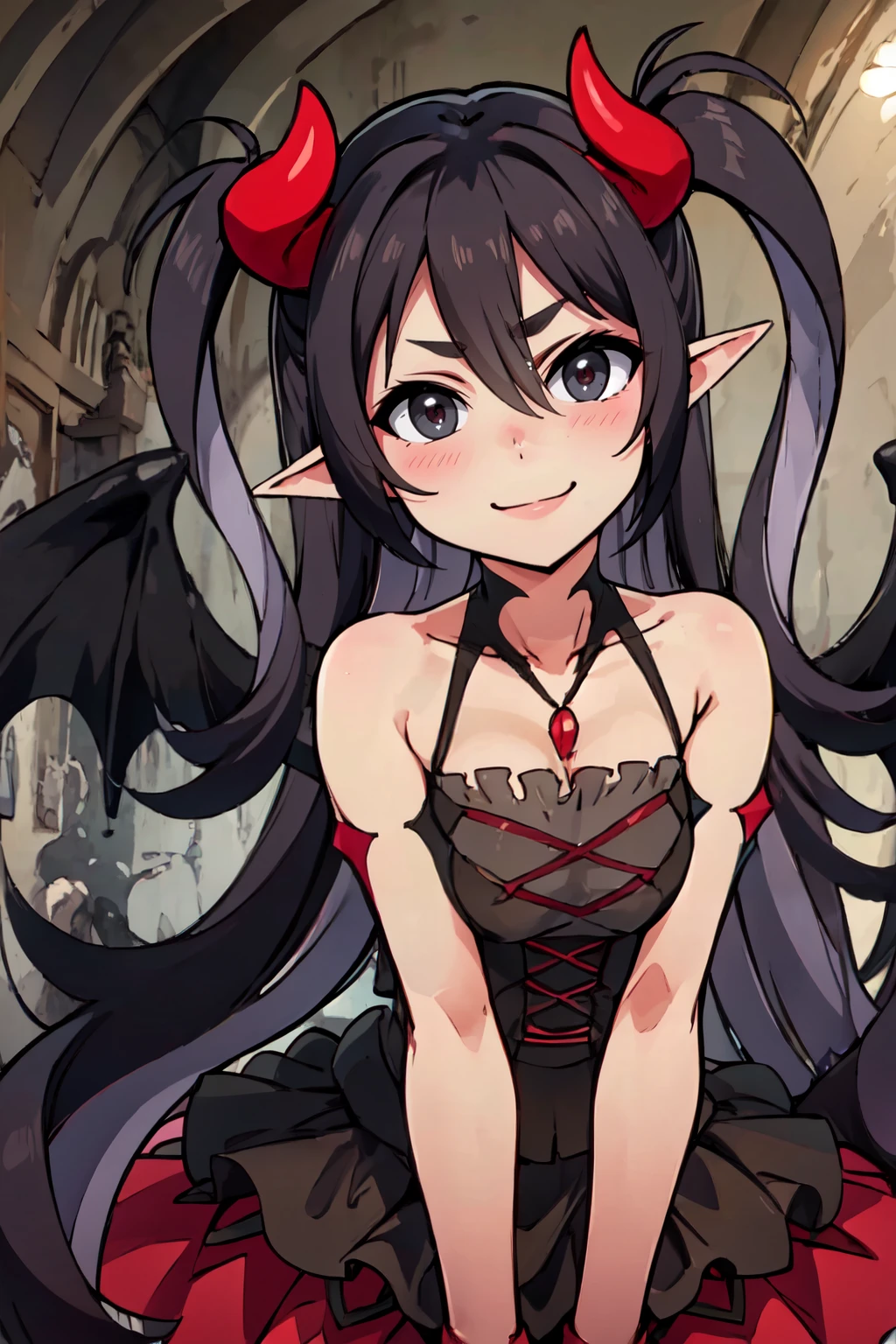 ((masterpiece,best quality)), absurdres,  BREAK, , <lora:Luceria:0.8>, zzLuceria, black eyes, black hair, long hair, pointy ears, demon girl, demon horns, hair between eyes, two side up, bare shoulders, demon wings, collarbone, dress, v-shaped eyebrows, jewelry, , BREAK, leaning forward, head tilt, blush,, BREAK, solo, smile, looking at viewer, cowboy shot,