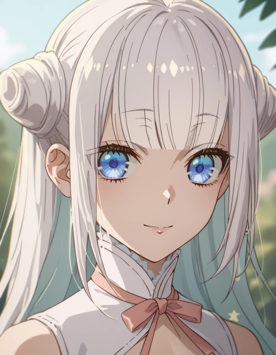 <lora:MagicalGirlEvilEnemy:1>, score_9, score_8_up, score_7_up, score_6_up, score_5_up, score_4_up, source_anime,  , smile, portrait,  Byakuya, long hair, bangs, blue eyes, white hair, double bun,