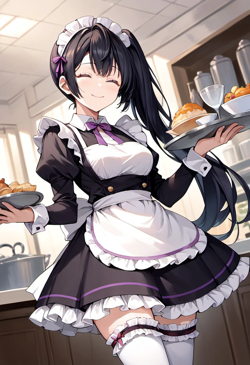 score_9, score_8_up, score_7_up, source_anime,yuki suou, black hair, long hair, purple eyes, 1girl, solo, thighhighs, closed eyes, apron, maid headdress, tray, skirt, side ponytail, smile, bow, maid, frills, frilled thighhighs