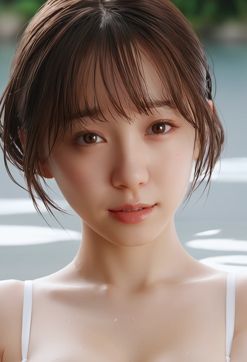 (Masterpiece,Best Quality:1.4),8k,(Movie-like footage,move photo:1.2),Hi-Res,Glossy Skin,Super Detailed Skin,Detailed Beautiful Face, 1girl, solo, detail eye, watery eyes,looking at viewer, short hair, simple background, large breasts, brown hair, white background, cleavage, bare shoulders, medium breasts, brown eyes, upper body, parted lips, teeth, lips, head tilt, camisole, realistic, photorealistic, kooo123, koooitomoe <lora:Ito_Moe_v1_XL:0.8>