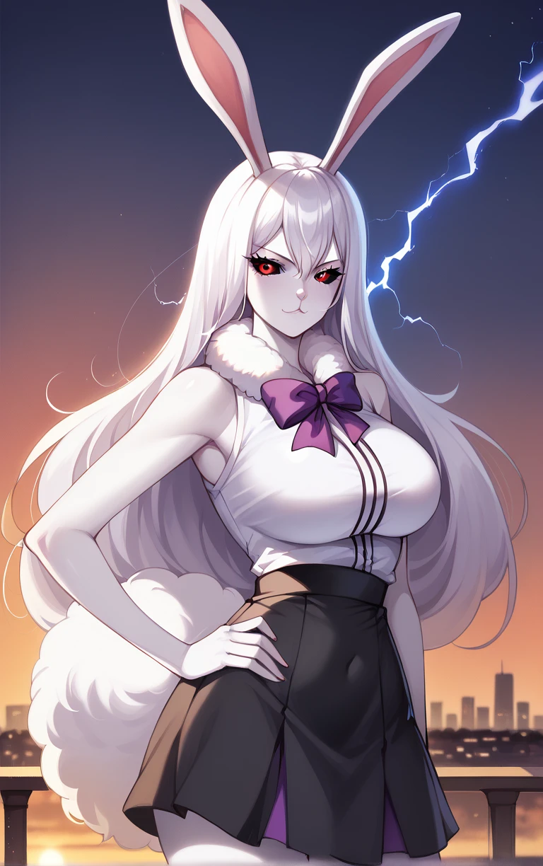 score_9, score_8_up, score_7_up, BREAK
SulongForm_WhiteDress_ownwaifu, 
1girl, red eyes, white hair, animal ears, rabbit girl, furry female, large breasts, white fur,  rabbit tail, body fur, colored skin, animal nose, colored sclera, electricity, fur collar, legs, long hair,  rabbit ears, thighs, white skin, alternate form, bangs, black sclera, hair between eyes, pale skin, snout,  
black skirt, white shirt, bow, ribbon, sleeveless, bowtie, purple bow, bare shoulders, miniskirt,  sleeveless shirt,
(contrapposto, hand on hip), sunset, sidelighting, cityscape, vanishing point, outdoors, <lora:PONYXL_ONEPIECE_Carrot_ownwaifu:1> , depth of field, solo,