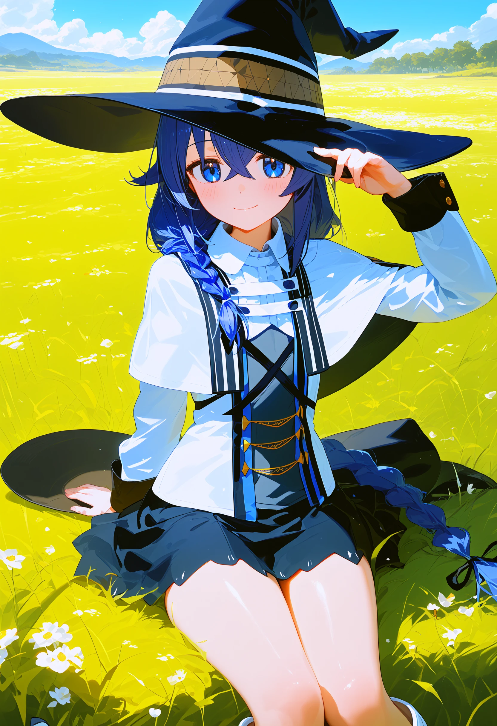 roxy migurdia, 1girl, solo, hat, witch hat, long hair, sitting, looking at viewer, blush, smile, boots, hair between eyes, black headwear, skirt, capelet, white footwear, black skirt, closed mouth, sky, long sleeves, outdoors, thighs, white capelet, crossed bangs, grass, shirt, hand on headwear <lora:mushoku_tensei_collection_v2:1> score_9, score_8_up, score_7_up, score_6_up, absurdres, masterpiece, best quality, very aesthetic