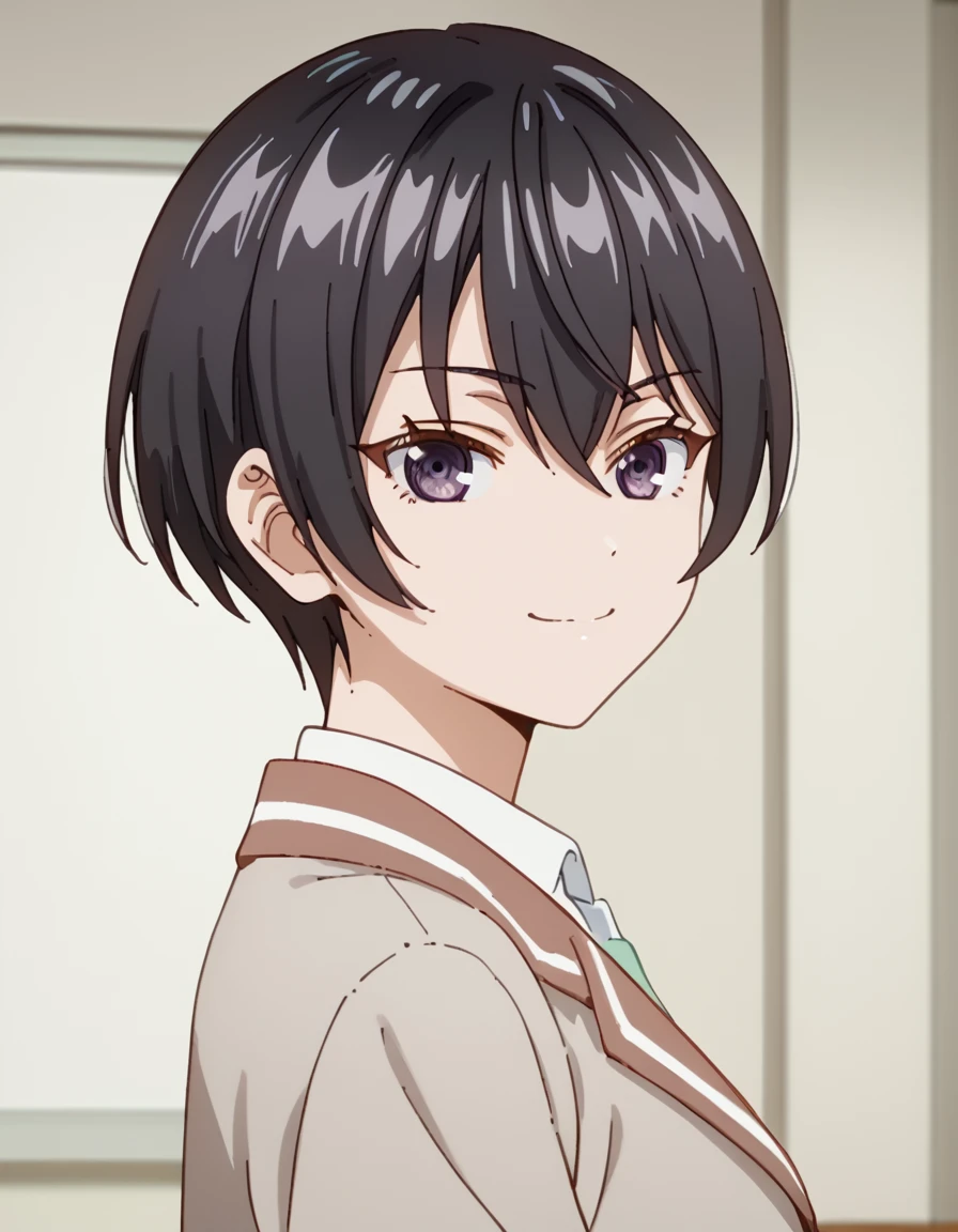 Chisaki, short hair, bangs, black hair, hair between eyes, purple eyes, <lora:AlyaSometimesHidesHerFeelingsinRussian:1> score_9, score_8_up, score_7_up, score_6_up, score_5_up, score_4_up, source_anime,  soft smile, portrait,