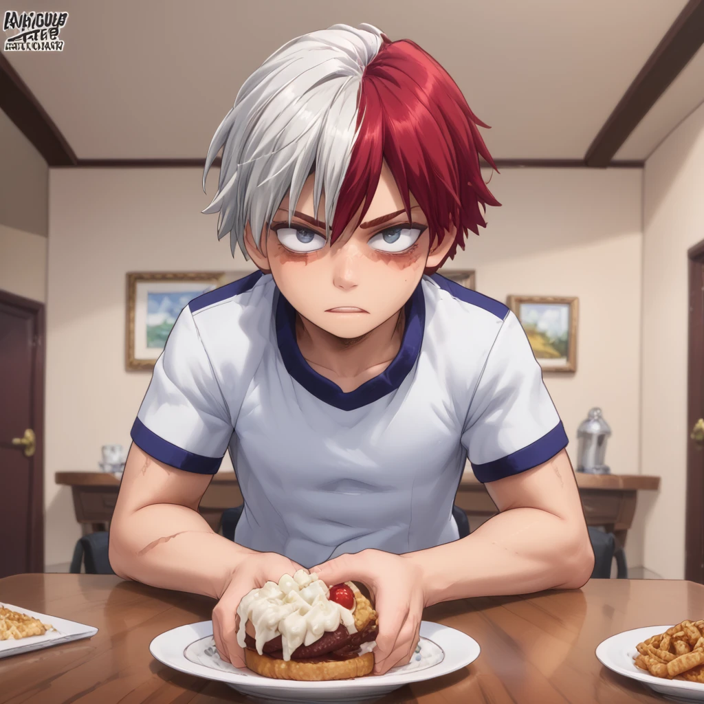 across table pov,date,date pov,sitting,food on table,shouto_todoroki, white hair, red hair,grey eyes,two-tone hair, scar, scar on face,burn scar, u.a. gym uniform