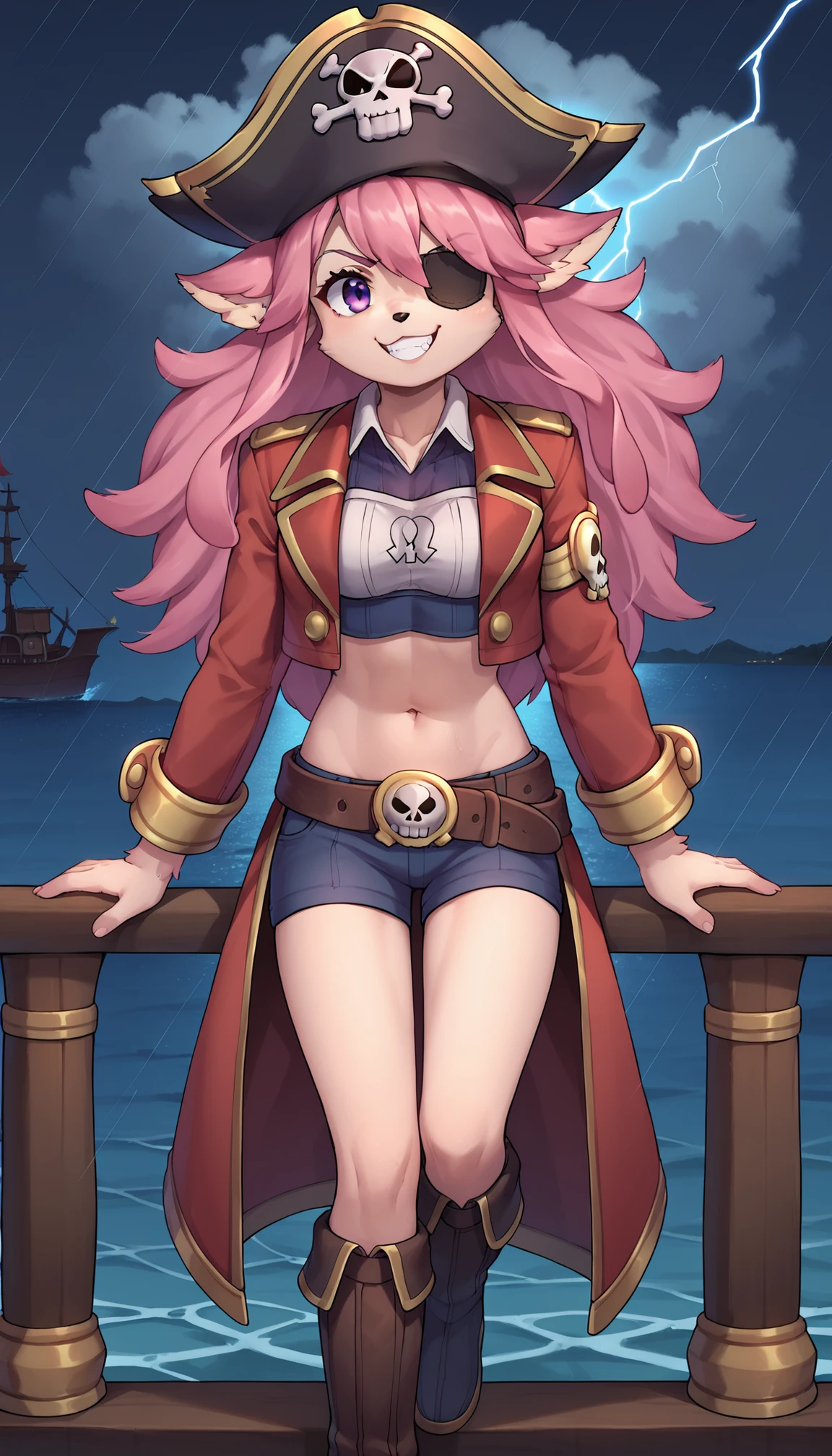 source_anime, score_8_up, score_7_up, color, chocolatsr, 1girl, cute, furry female, dog girl, pink fur, long hair, pink hair, dog tail, body fur, purple eyes, animal ears, animal nose, cute, feet out of frame, pirate, (pirate costume, red coat, open coat, undershirt, crop top, long sleeves:1.2), belt, boots, black eyepatch, captain hat, navel, (skull and crossbones:1.3), grin, teeth, angry, smile, solo, hand on railing, (storm, lightning, rain, dark clouds, night:1.1), ocean, (pirate ship:1.1), embedding:zPDXL2