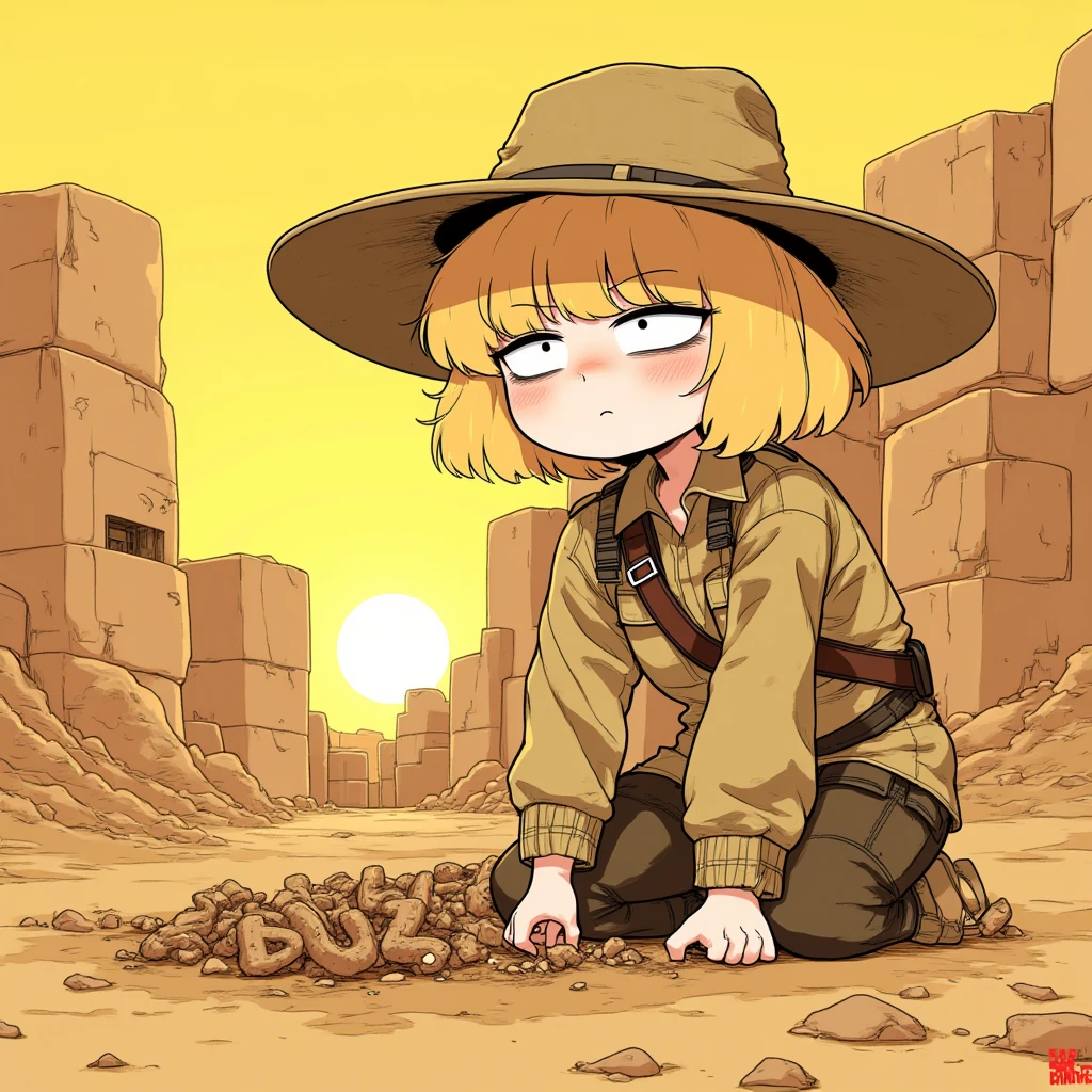 Juaner_cartoon,A determined archaeologist with short blonde hair, wearing a dusty hat and khaki outfit, uncovering a buried "buzz" artifact in an ancient desert temple, with the sun setting in the background.