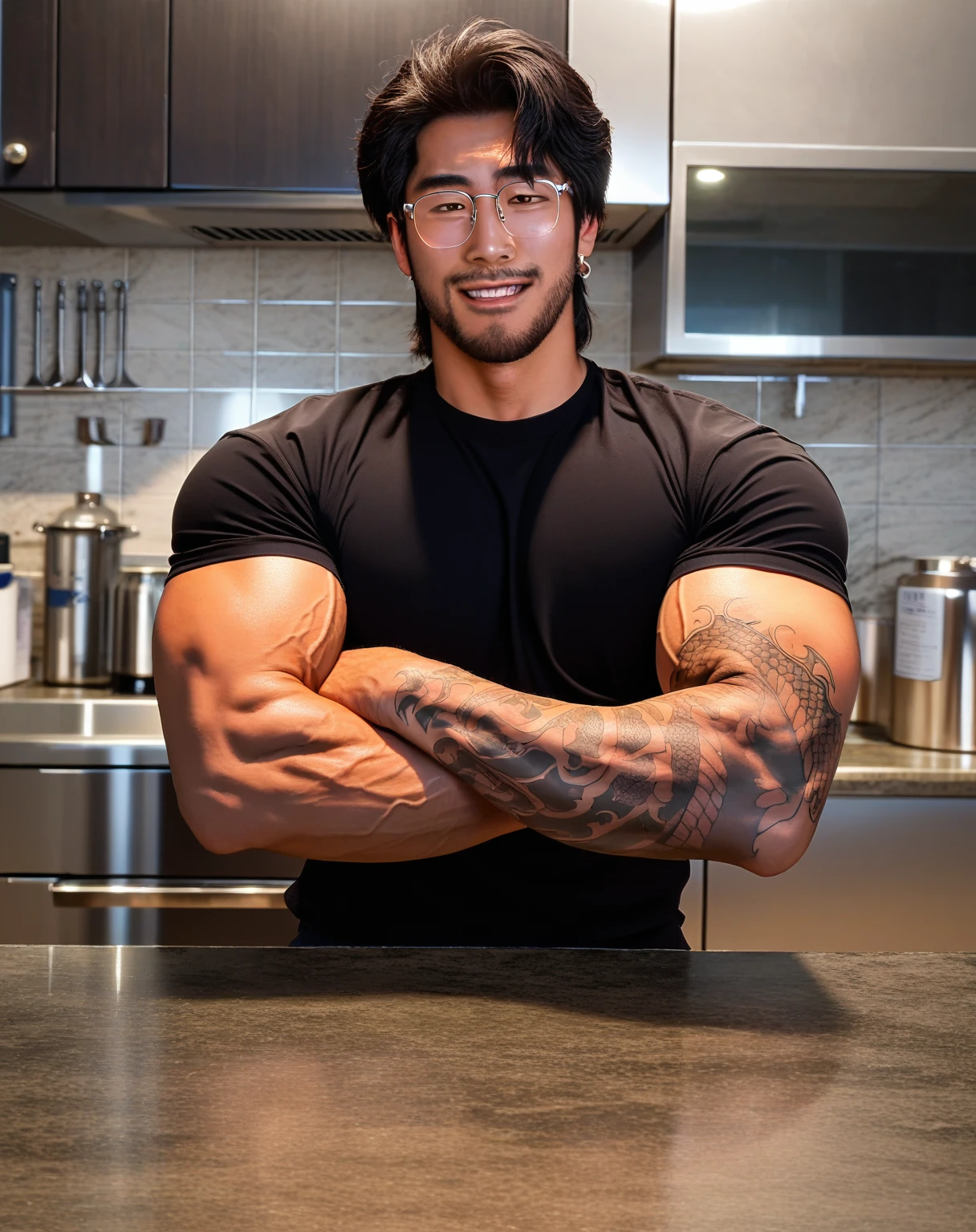 score_9, score_8_up, score_7_up, score_6_up, solo, justinsaiyann, facial hair, asian, facial hair, muscular, black shirt, pectorals, earring, looking at you, smile, kitchen, best quality, best aesthetic, year 2023, high details, realistic, front view, arm tattoo, veiny arms, glasses, standing<lora:EMS-467836-EMS:0.800000>