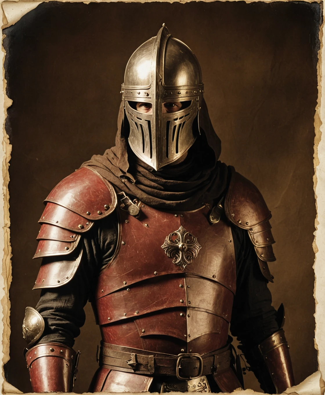 old paper, scroll, sepia, upper body,
rouge, leather armour, hood, darkness,