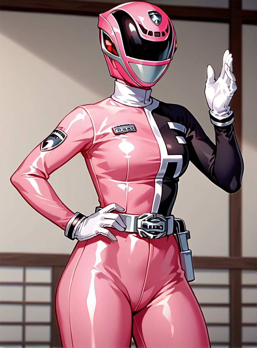 score_9, score_8_up, score_7_up, score_6_up,source_anime , intricate details, detailed face  anime coloring,  anime_lineart anime screencap,  <lora:DekaPink:1>dekapinkxl, solo, helmet, gloves, 1girl, bodysuit, belt, white gloves, pink bodysuit, looking at viewer,  thick thighs, upper body,