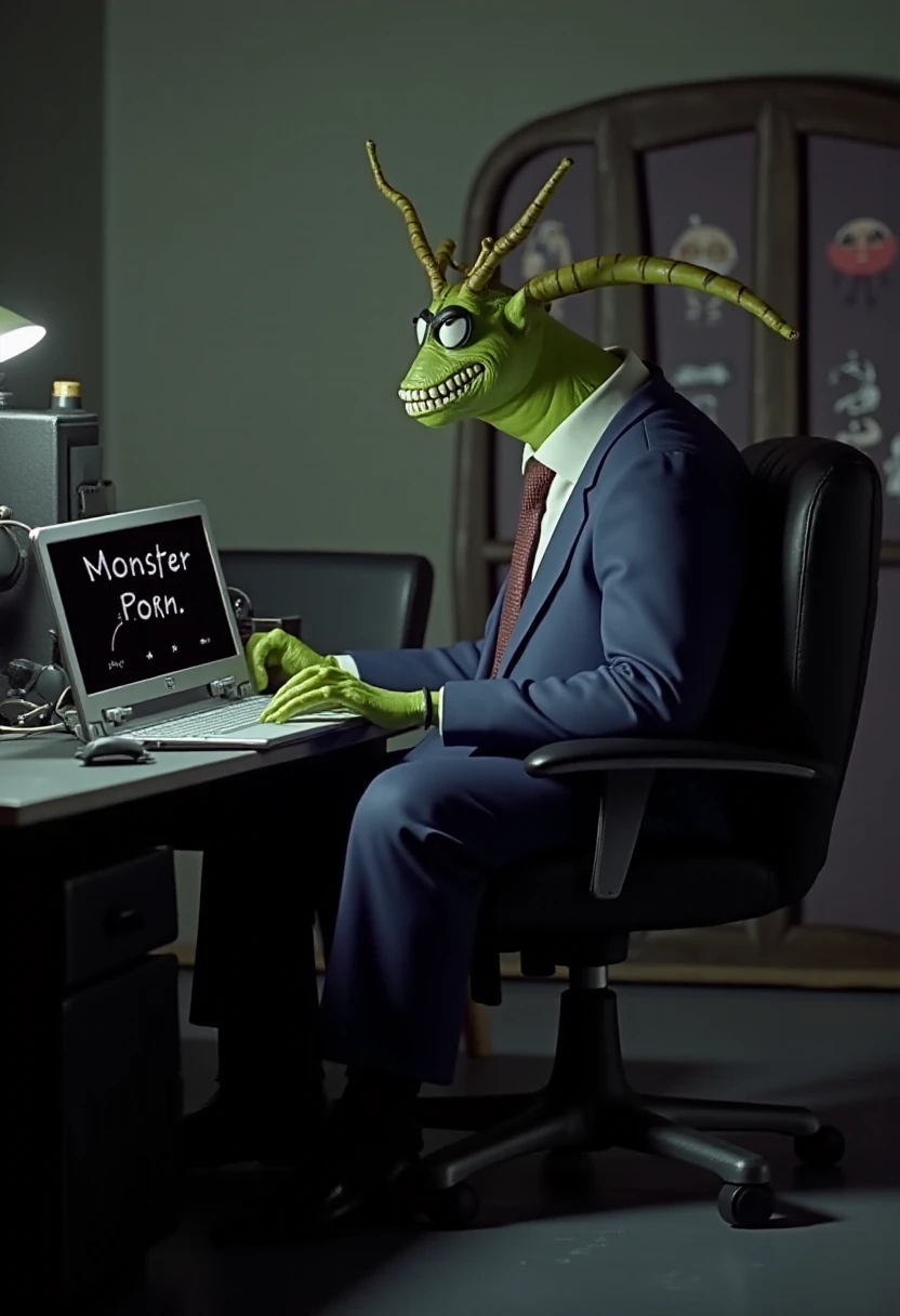 <WARNING: Don't remix this at current strength, lower it to 1.0 - 1.3 before generating!>
A monster wearing a suit in an office in nightmarestyle. He is sitting on an office chair, looking at his laptop. The laptop displays the message: "Monster porn".   