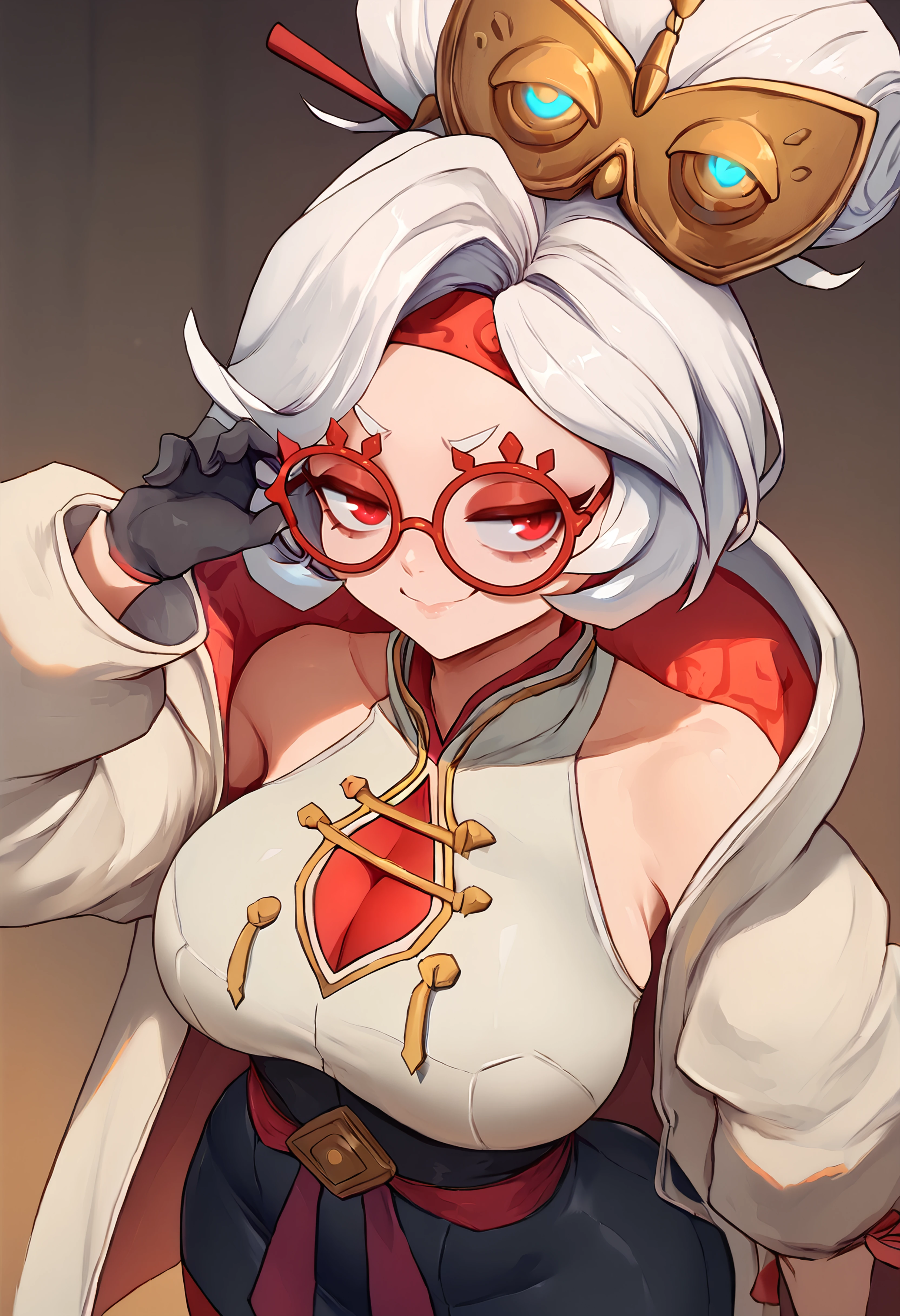 score_9, score_7_up BREAK purah, white hair, red eyes, hair ornament, red headband, red glasses, sleeveless shirt, white coat, black skirt, red leggings, gloves, smug, wide hips <lora:purah-pdxl-nvwls-v1:0.8> <lora:aranee_pd_glora:1>