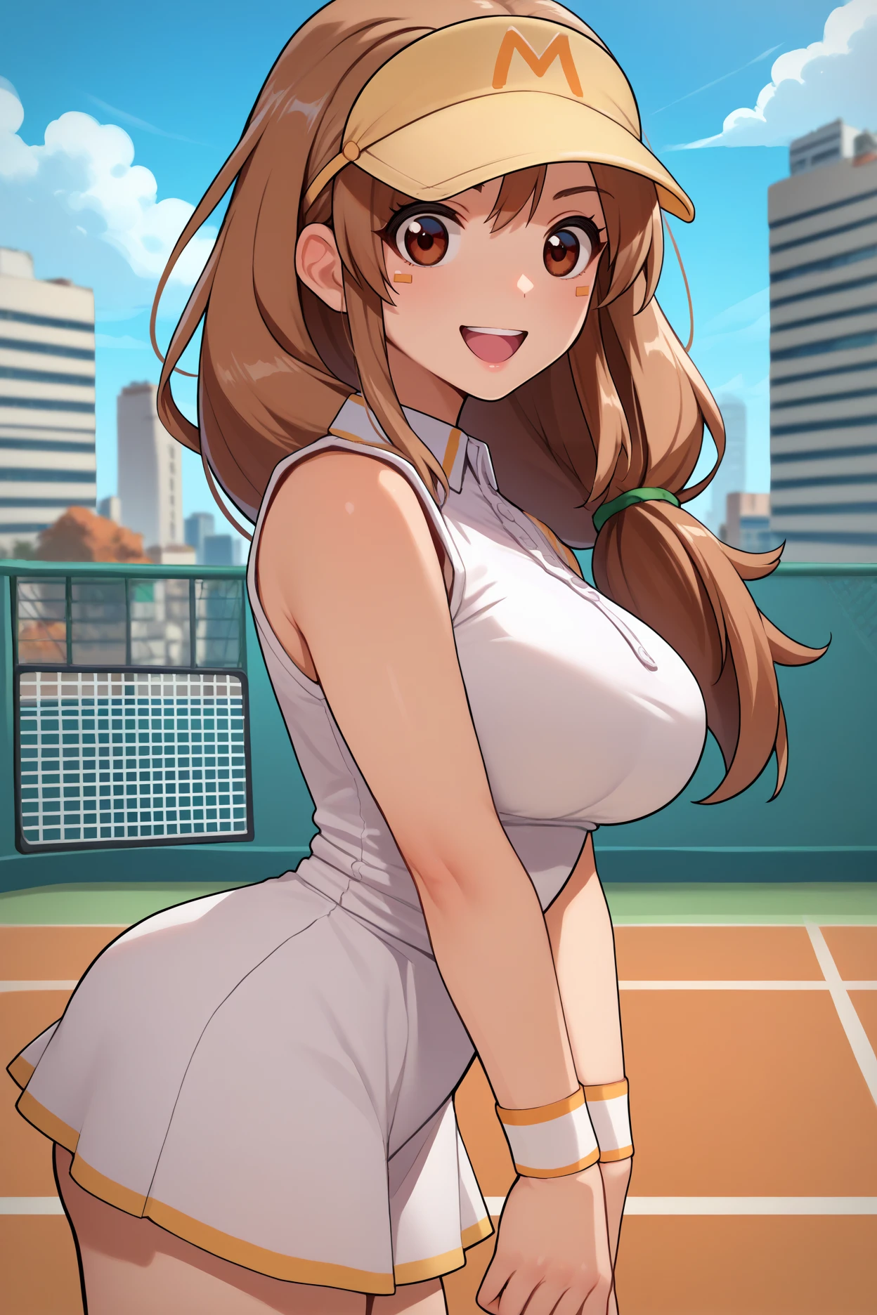 score_9, score_8_up, score_7_up, score_6_up, source_anime, 1girl, solo,  <lora:ftspmom-pdxl-nvwls-v1-000006:1> ftspMm, brown hair, long hair, hair over shoulder, brown eyes, large breasts, visor cap, white dress, short dress, sleeveless, wristband, tennis uniform, city, blue sky, looking at you, from side, happy