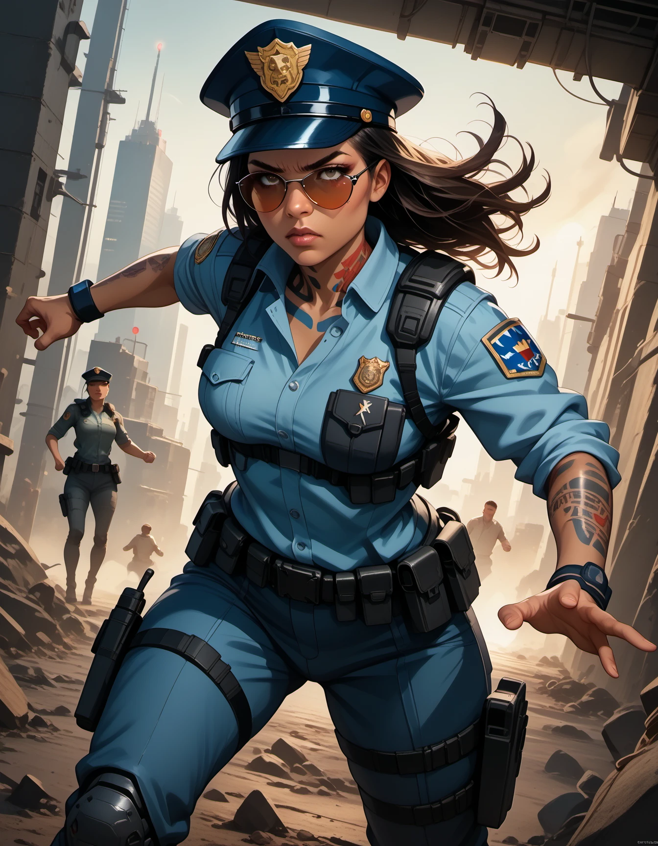 score_9, score_8_up, score_7, photograph, artistic photorealism, detailed, bokeh, perfect balanced, deep fine borders, smooth, artstation, futuristic, dof,
1girl, female police officer, open blouse, cyberpunk, futuristic tactical armor, heavy armored vest, cybernetic arm, holster, military cap, military sunglasses, native american, dark skin, tattoos, action pose, cinematic angle,