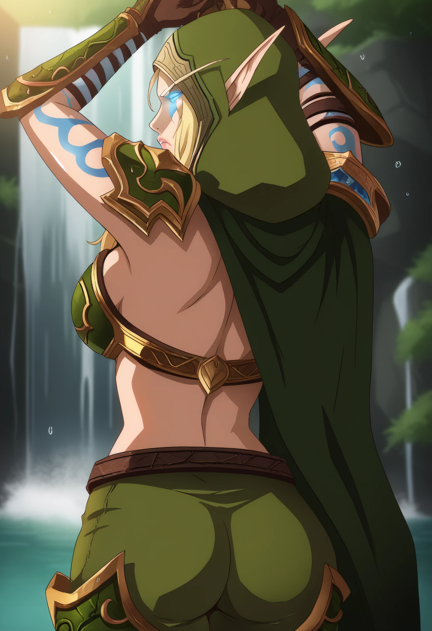 harayu, score_9, score_7_up, source_anime BREAK 1girl, looking at viewer, from behind, back, ass,,
 <lora:Alleria_Dwnsty:0.7>, alleria windrunner, blue eyes, blonde hair, pointy ears, elf, tattoo, glowing eyes, facial mark, armor, shoulder armor, gloves, cleavage, jewelry, necklace, feathers, belt , cape,
large breasts, puckered lips, lips, bored, hands in air, standing with arms raised,
waterfall, hazy sky,