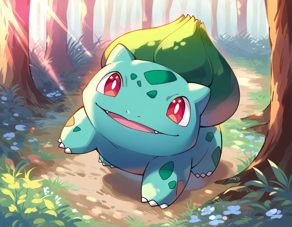 score_9, score_8_up, score_7_up, source_anime  BREAK
Bu1b4s4ur, blue-green body, teal spots, claws, fangs, red eyes, white pupils, green plant bulb, pokemon \(creature\), 
looking at viewer, head tilt, looking up, smile, happy, open mouth
background: forest, lens flare, bloom, bokeh, wildflowers, tall grass, trees
(solo:1.6)
 <lora:Bulbasaur:1>