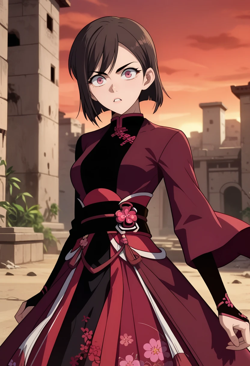 score_7_up, anime screencap,
<lora:SoloMaxLevelNewbie_BaekSeolinXL:0.9>, BaekSeolin,
1girl, solo, parted lips, surprised,
short hair, hair behind ear, swept bangs, brown hair, pink eyes,
chinese clothes, red jacket, black shirt, sash, layered skirt, red skirt, black skirt, bridal gauntlets, black gloves,
standing, looking at viewer, upper body,
blurry background, outdoors, ruins, red sky