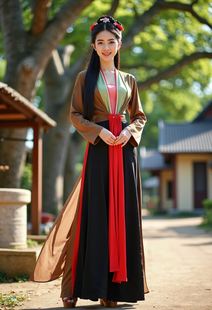 A young Vietnamese woman wearing a traditional Áo Tứ Thân, featuring four flowing panels with earthy colors such as deep brown, red, and green. Her long, black hair is elegantly styled in a traditional bun, and she wears a delicate pink yếm underneath. The outfit is complemented by a long, black silk skirt and wooden clogs. She stands gracefully in a serene countryside setting with a background of an ancient banyan tree, a village well, and a small communal house. The woman's gentle smile and kind eyes reflect the beauty and grace of traditional Vietnamese culture. Photorealistic, 4K resolution, natural lighting