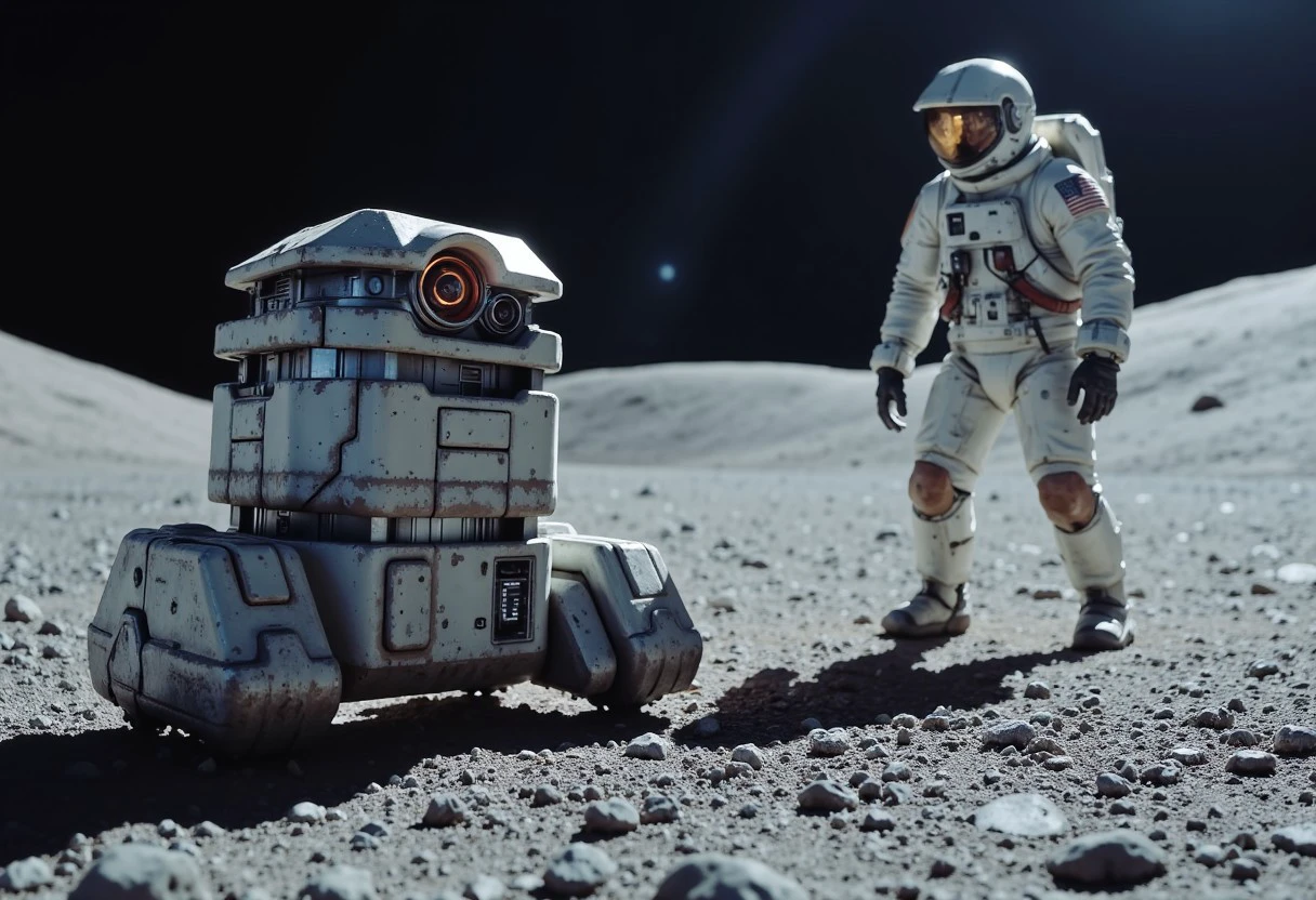 Star wars B2EM0 white droid on the Moon, near an astronaut, realistic, volumetric lighting, masterpiece