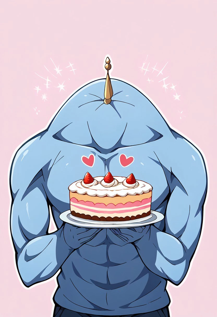 score_9, score_8_up, score_7_up, source_anime, rating_safe, holding heart cake, UgoMAGI, pokemon (creature), headless-giant focus, casual clothes, hands with five fingers, simple light pink background, cute wallpaper, happy-cheery,