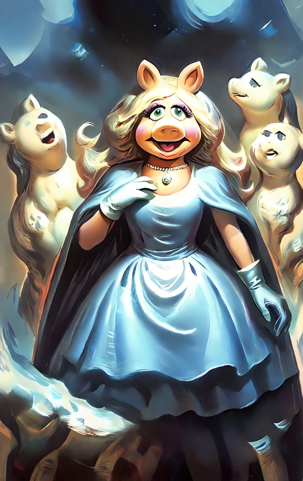 <lora:sabinbalasa_pony_v2:1>' miss piggy's dreams  ' by Balasa Sabin in 1999, symbolic painting \(genre\), Surrealism \(style\),  <lora:Miss_Piggy_Pony:1> uncensored, gloves, The style of the painting is reminiscent of the surrealist movement, which often combines dreamlike elements with reality.,, score_9, score_6_up, score_7_up