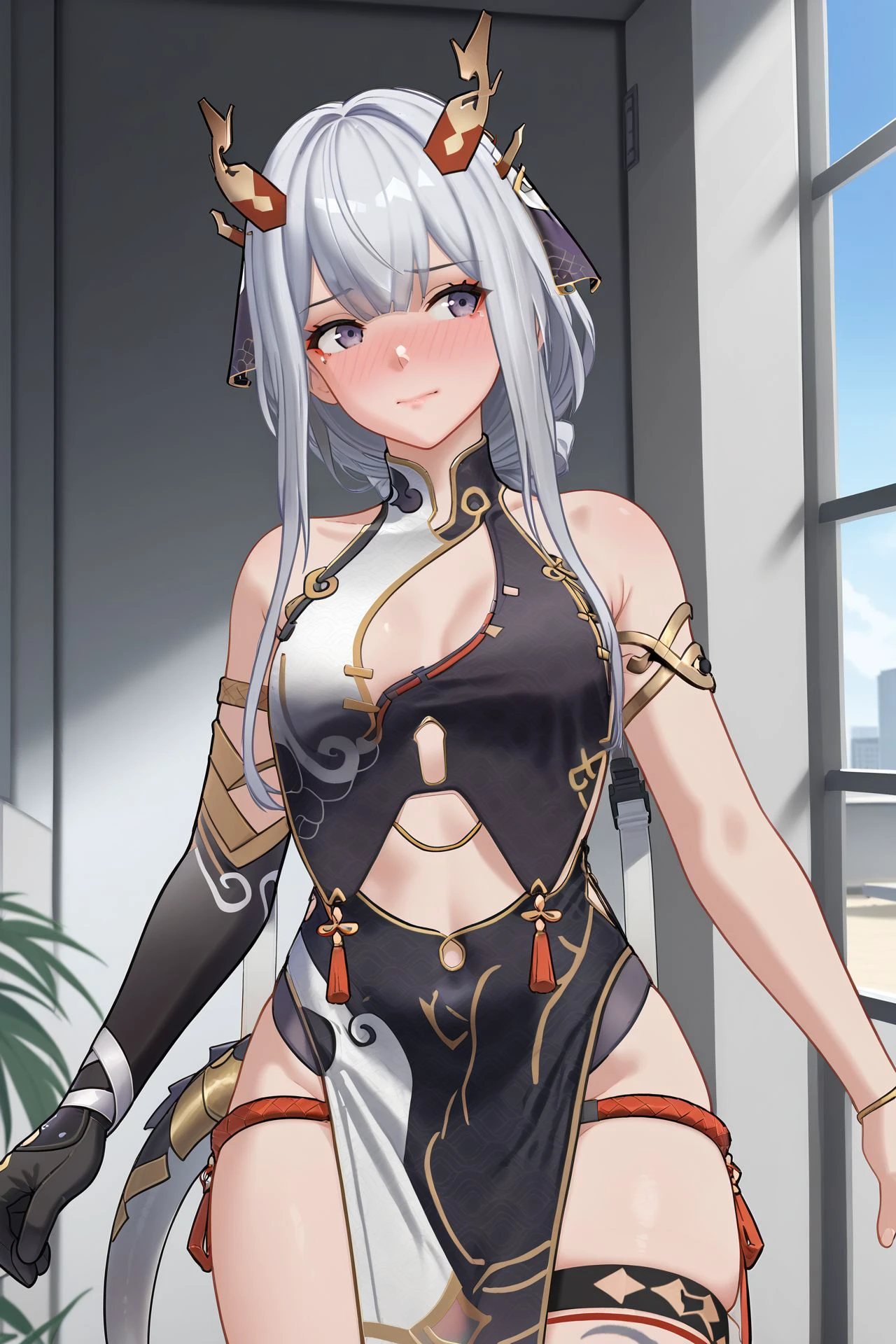 1girl, solo, looking to the side, embarrassed_nose_blush_smile, blush,  <lora:sb-Chenxing-EtherealCloud-InkstrokeDragoness_PonyXL_cha_v01:0.7> sb-chengxing-ecid, dress, gloves, pelvic curtain, thigh strap, horns, armlet, tail, makeup