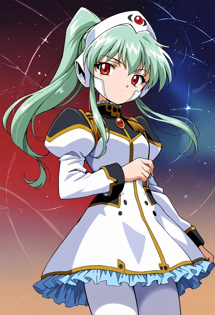 score_9, score_8_up, score_7_up, source_anime BREAK 1girl, solo, ga_vanilla, cowboy shot, (1990s\(style)\:0.3), military uniform, puffy long sleeves, frilled skirt, headgear, white pantyhose, green hair, ponytail, sidelocks, bangs, red eyes, looking at you, blue space background <lora:ga_vanilla:1>