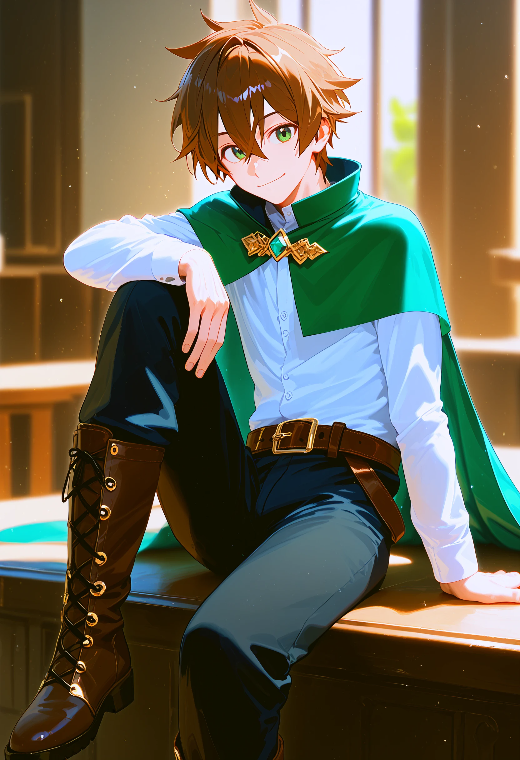 satou kazuma, 1boy, green eyes, male focus, brown hair, solo, brown footwear, boots, pants, sitting, looking at viewer, capelet, shirt, white shirt, black pants, belt, smile, long sleeves, green cape, closed mouth, knee up, short hair, hair between eyes, brown belt, knee boots indoors, depth of field,
<lora:konosuba_collection_v2:1> score_9, score_8_up, score_7_up, score_6_up, absurdres, masterpiece, best quality, very aesthetic